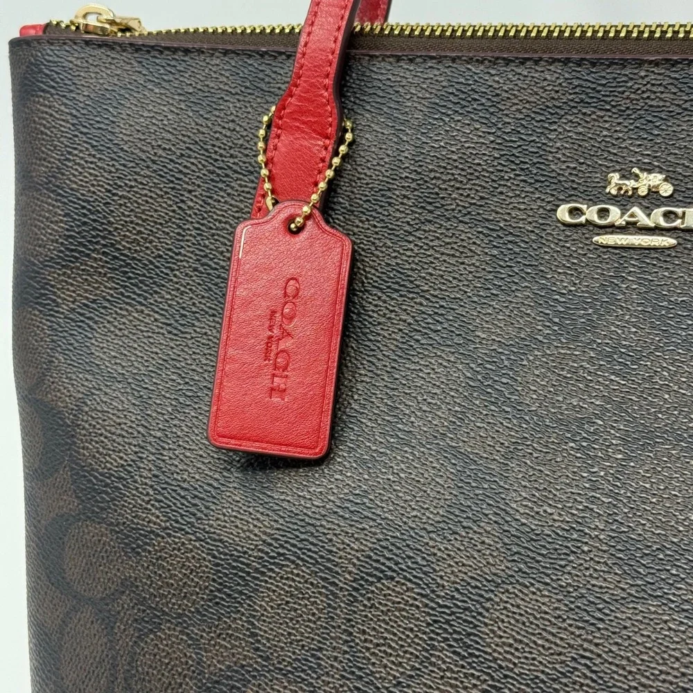 Coach Zip Top Tote Signature Canvas Brown Red CX611 Shoulder Bag